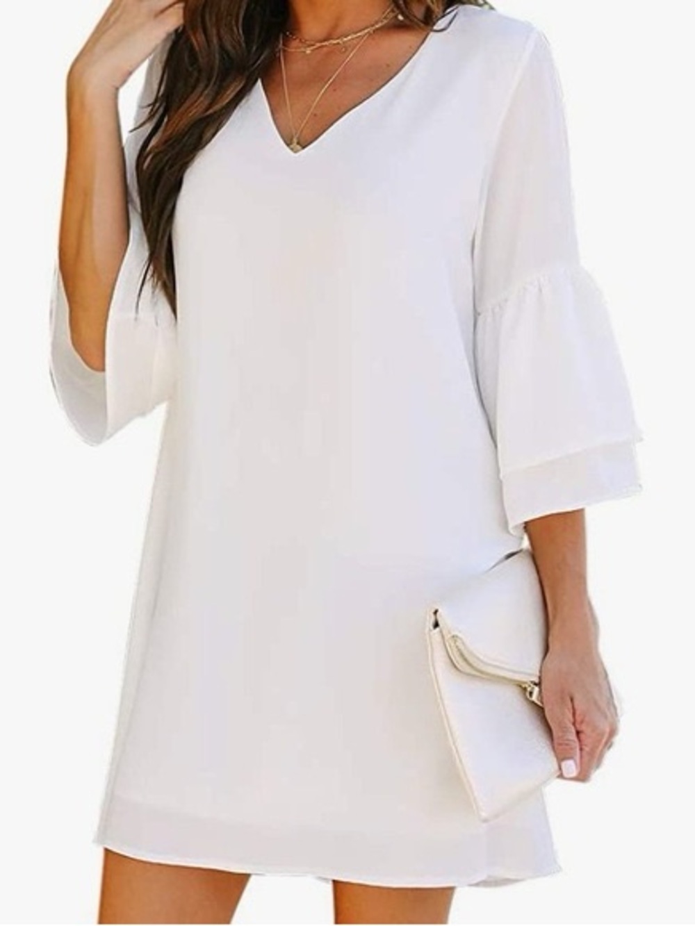 White V-Neck Tiered Sleeve Mini Dress